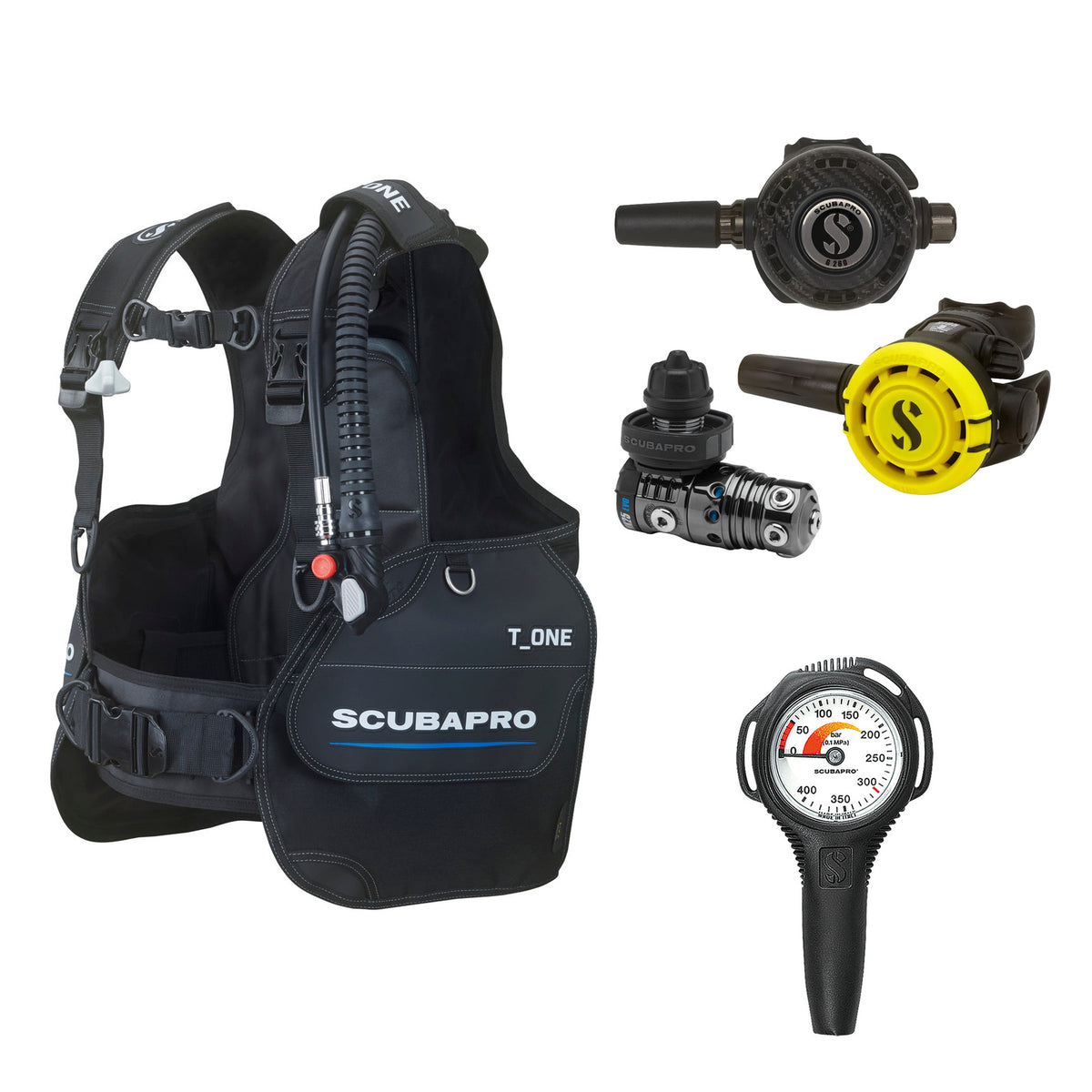 SCUBAPRO MK25 EVO / G260 CBT regulator set with R105 octopus and T-One BCD, with Compact SPG
