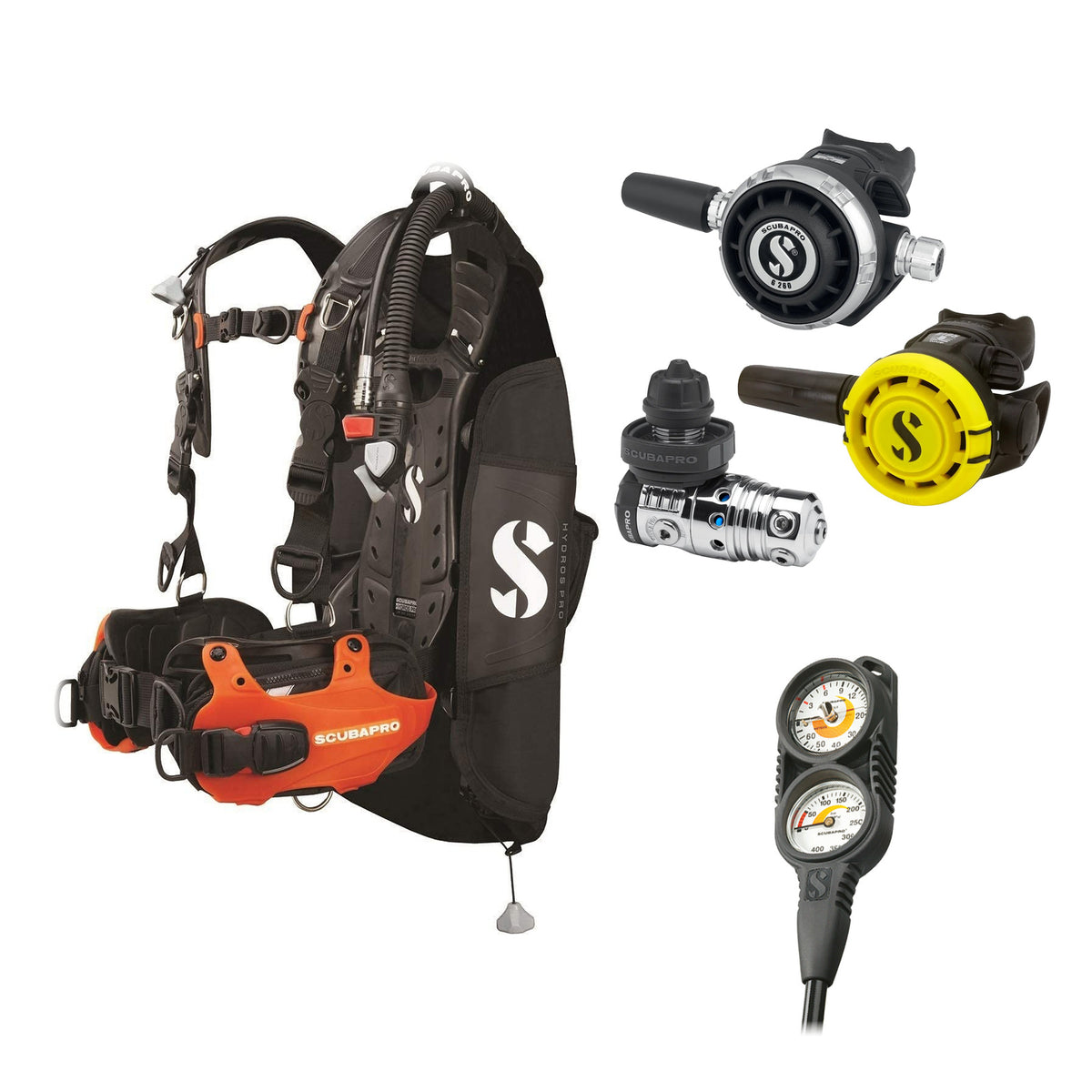 SCUBAPRO MK25 EVO / G260 regulator set with R105 octopus and Hydros Pro Ladies BCD in orange, with Compact Combo 2