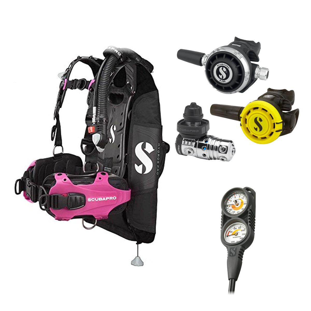 SCUBAPRO MK25 EVO / G260 regulator set with R105 octopus and Hydros Pro Ladies BCD in pink, with Compact Combo 2