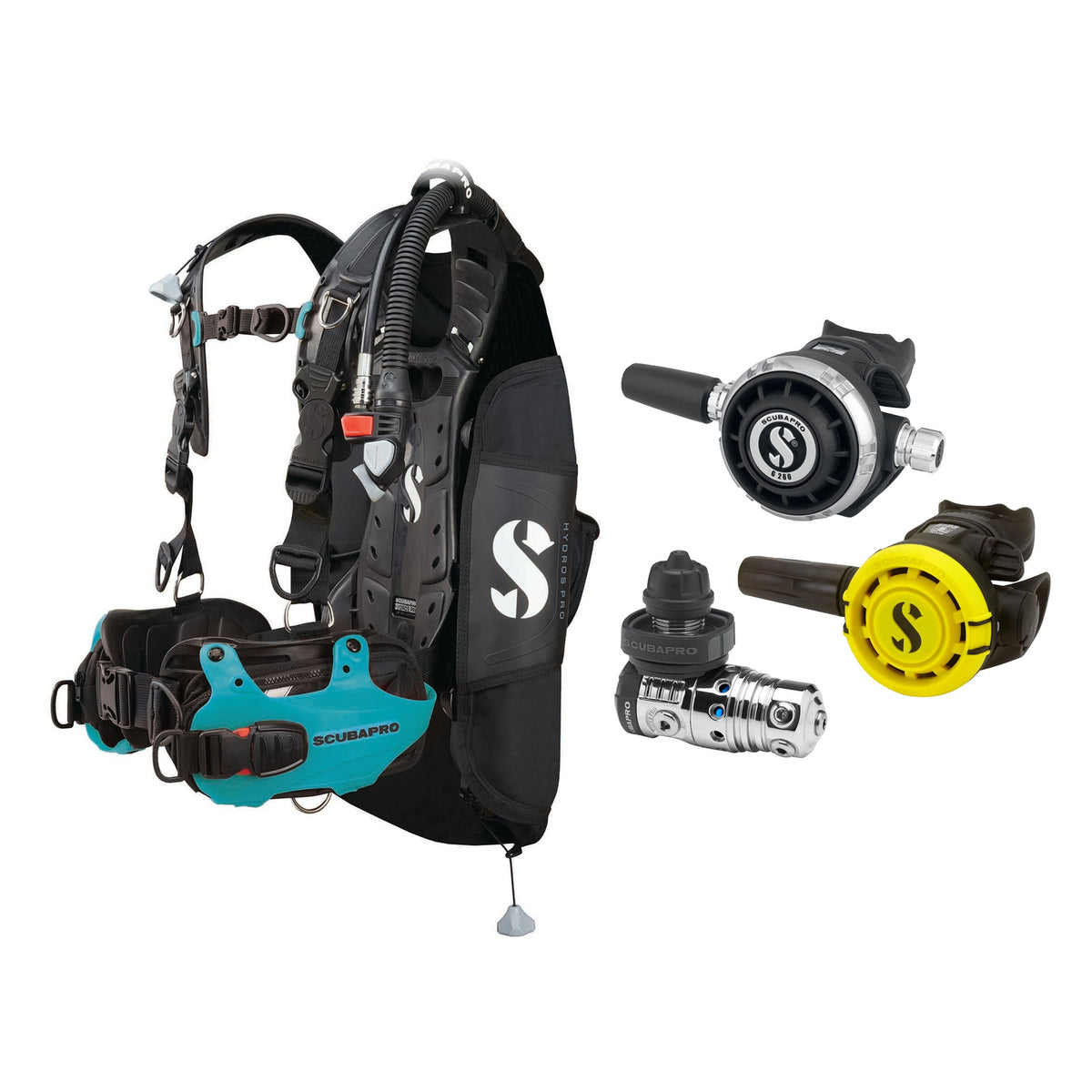 SCUBAPRO MK25 EVO / G260 regulator set with R105 octopus and Hydros Pro Ladies BCD in turquoise
