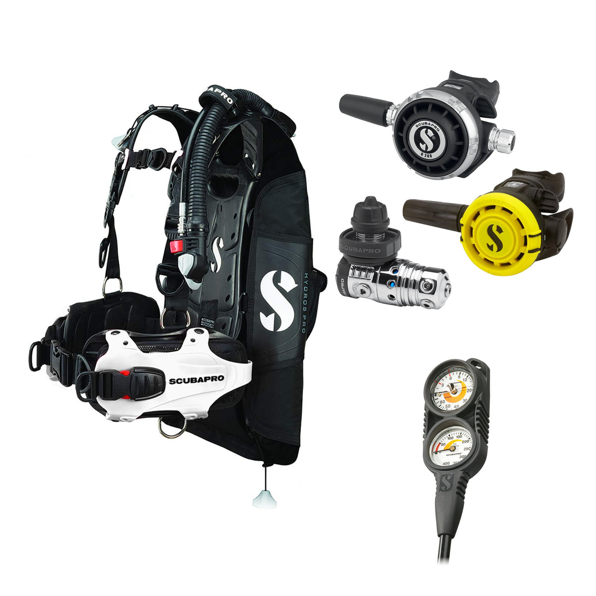 SCUBAPRO MK25 EVO / G260 regulator set with R105 octopus and Hydros Pro Ladies BCD in white, with Compact Combo 2