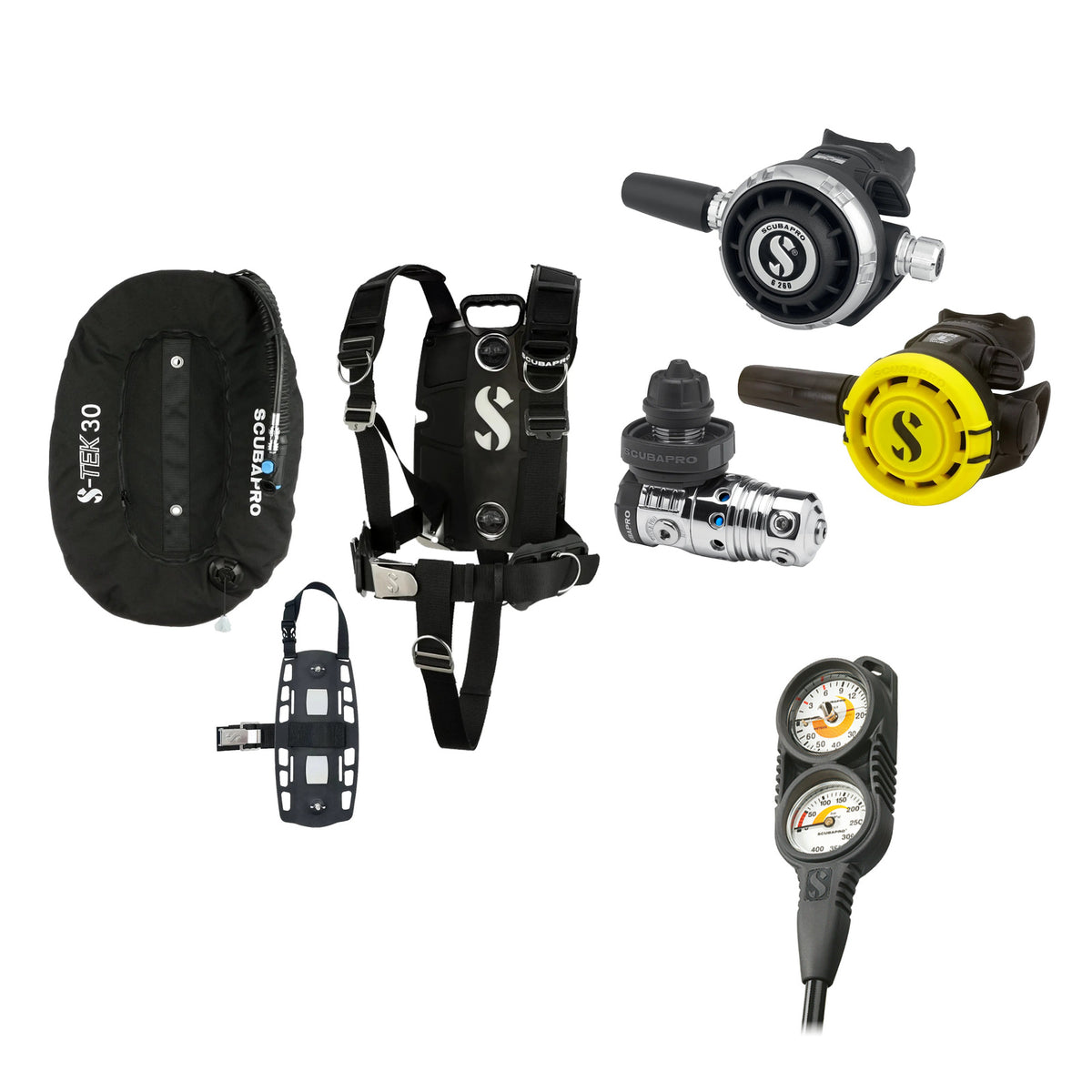 SCUBAPRO MK25 EVO / G260 regulator set with R105 octopus and S-TEK Pro BCD (stainless steel)