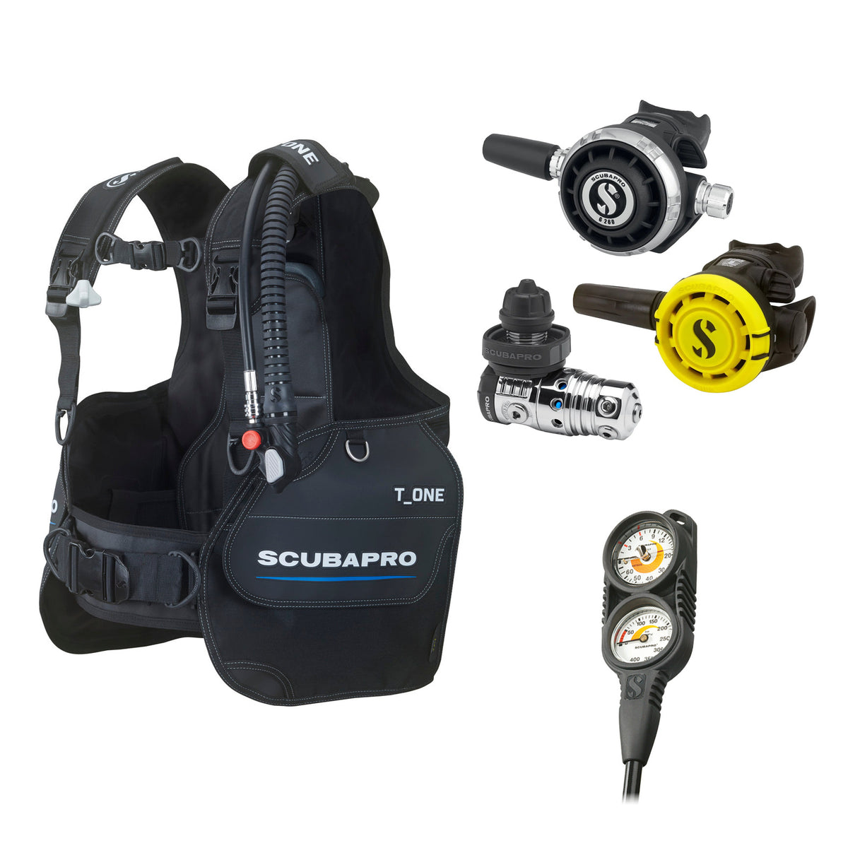 SCUBAPRO MK25 EVO / G260 regulator set with R105 octopus and T-One BCD, with Compact Combo 2