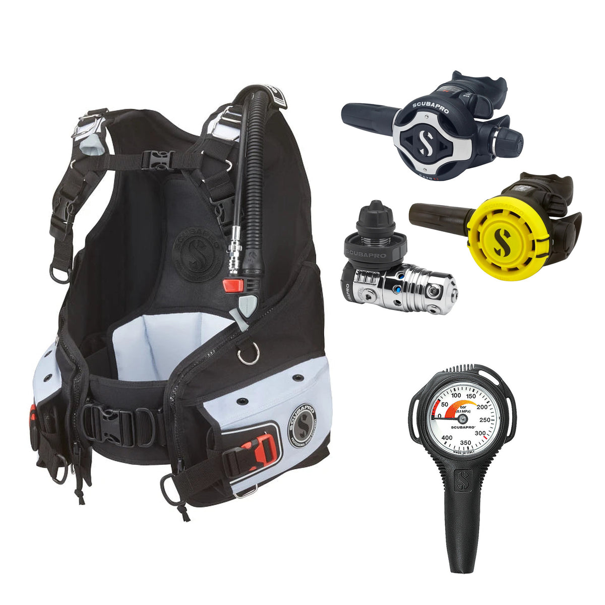 SCUBAPRO MK25 EVO / S620Ti regulator set with R105 octopus and Bella BCD, with Compact SPG