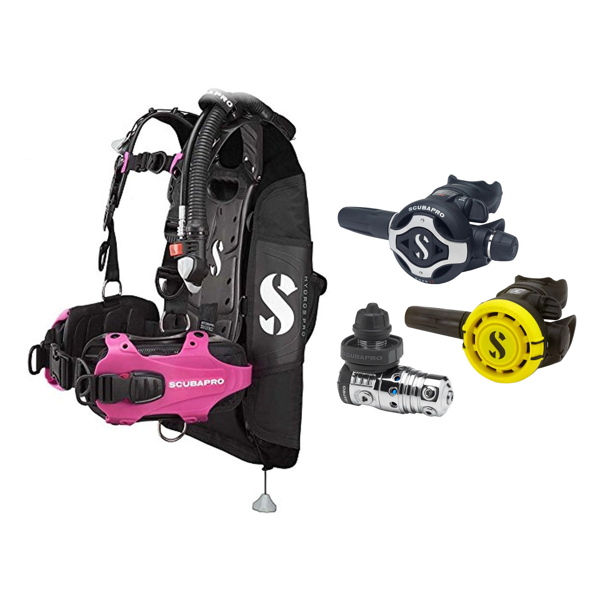SCUBAPRO MK25 EVO / S620Ti regulator set with R105 octopus and Hydros Pro Ladies BCD in pink