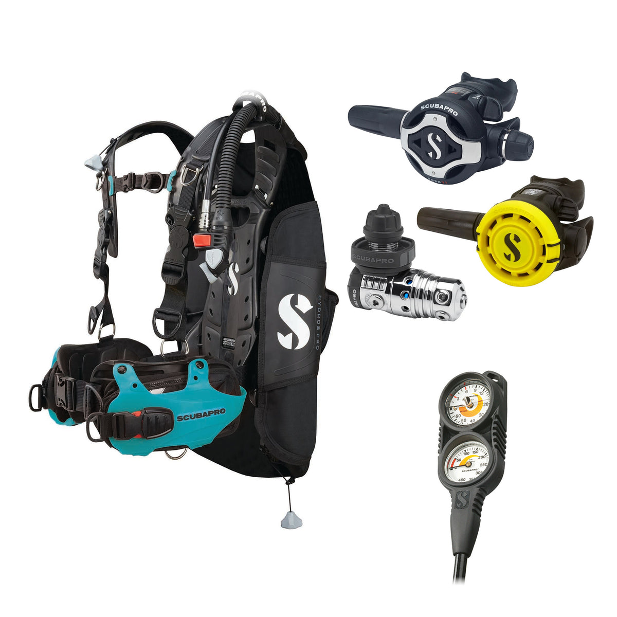 SCUBAPRO MK25 EVO / S620Ti regulator set with R105 octopus and Hydros Pro Ladies BCD in turquoise, with Compact Combo 2