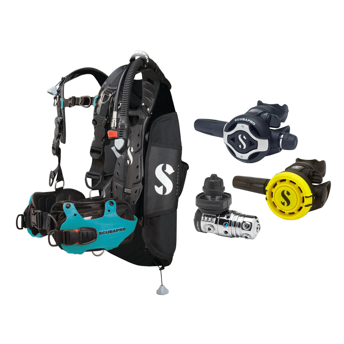 SCUBAPRO MK25 EVO / S620Ti regulator set with R105 octopus and Hydros Pro Ladies BCD in turquoise