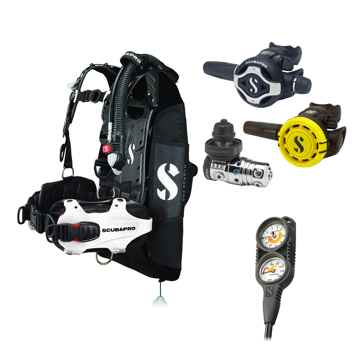 SCUBAPRO MK25 EVO / S620Ti regulator set with R105 octopus and Hydros Pro Ladies BCD in white, with Compact Combo 2