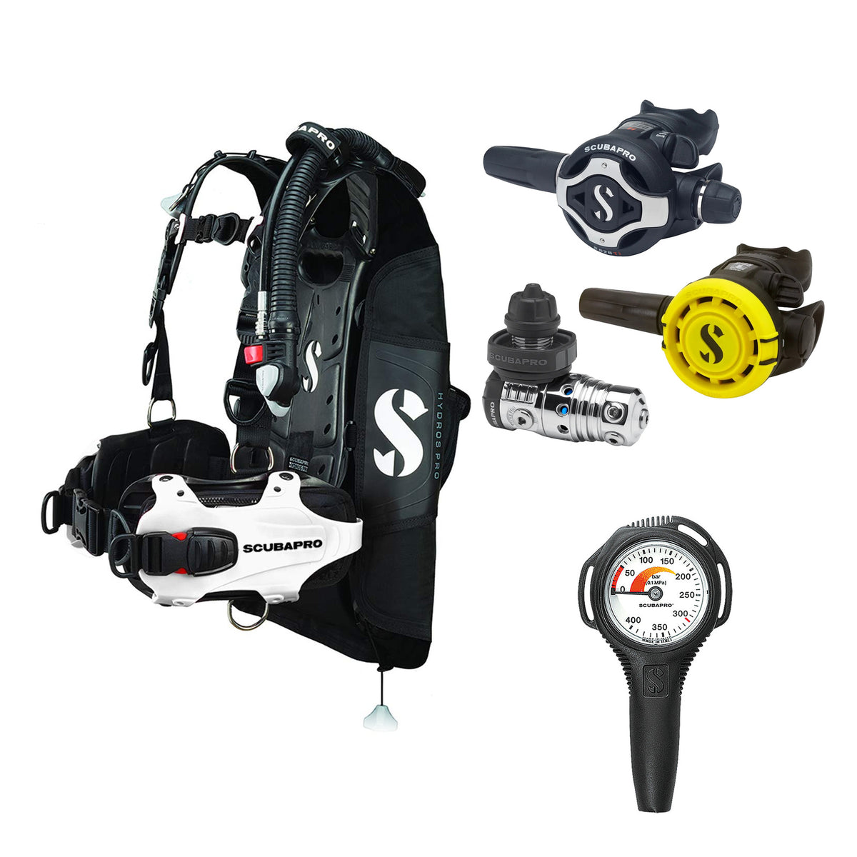 SCUBAPRO MK25 EVO / S620Ti regulator set with R105 octopus and Hydros Pro Ladies BCD in white, with Compact SPG