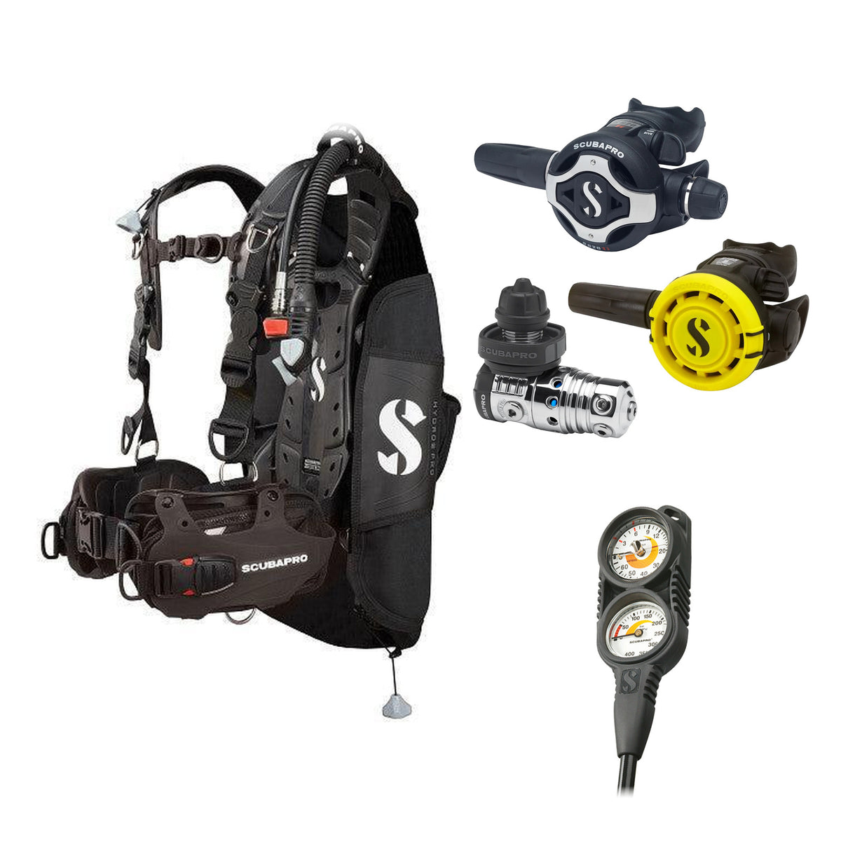 SCUBAPRO MK25 EVO / S620Ti regulator set with R105 octopus and Hydros Pro Mens BCD in all black, with Compact Combo 2