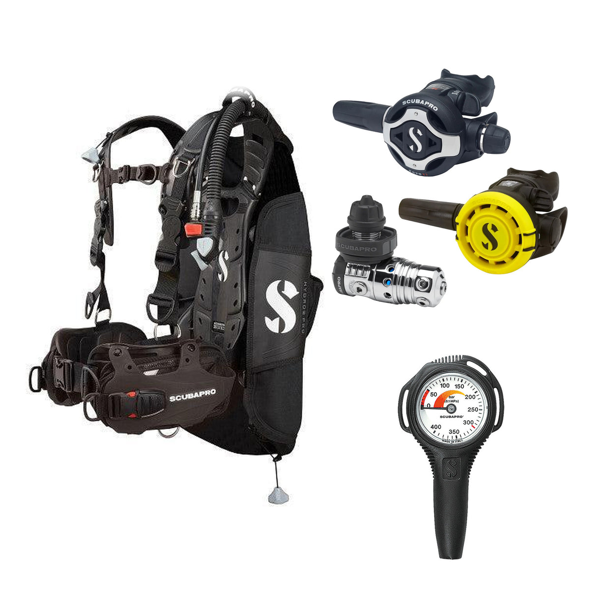 SCUBAPRO MK25 EVO / S620Ti regulator set with R105 octopus and Hydros Pro Mens BCD in all black, with Compact SPG