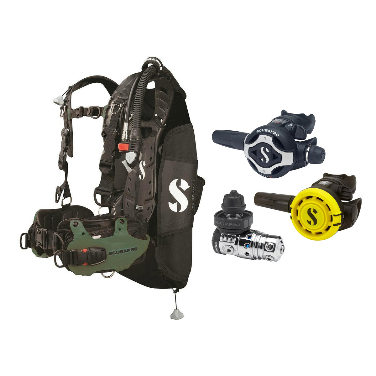 SCUBAPRO MK25 EVO / S620Ti regulator set with R105 octopus and Hydros Pro Mens BCD in army green