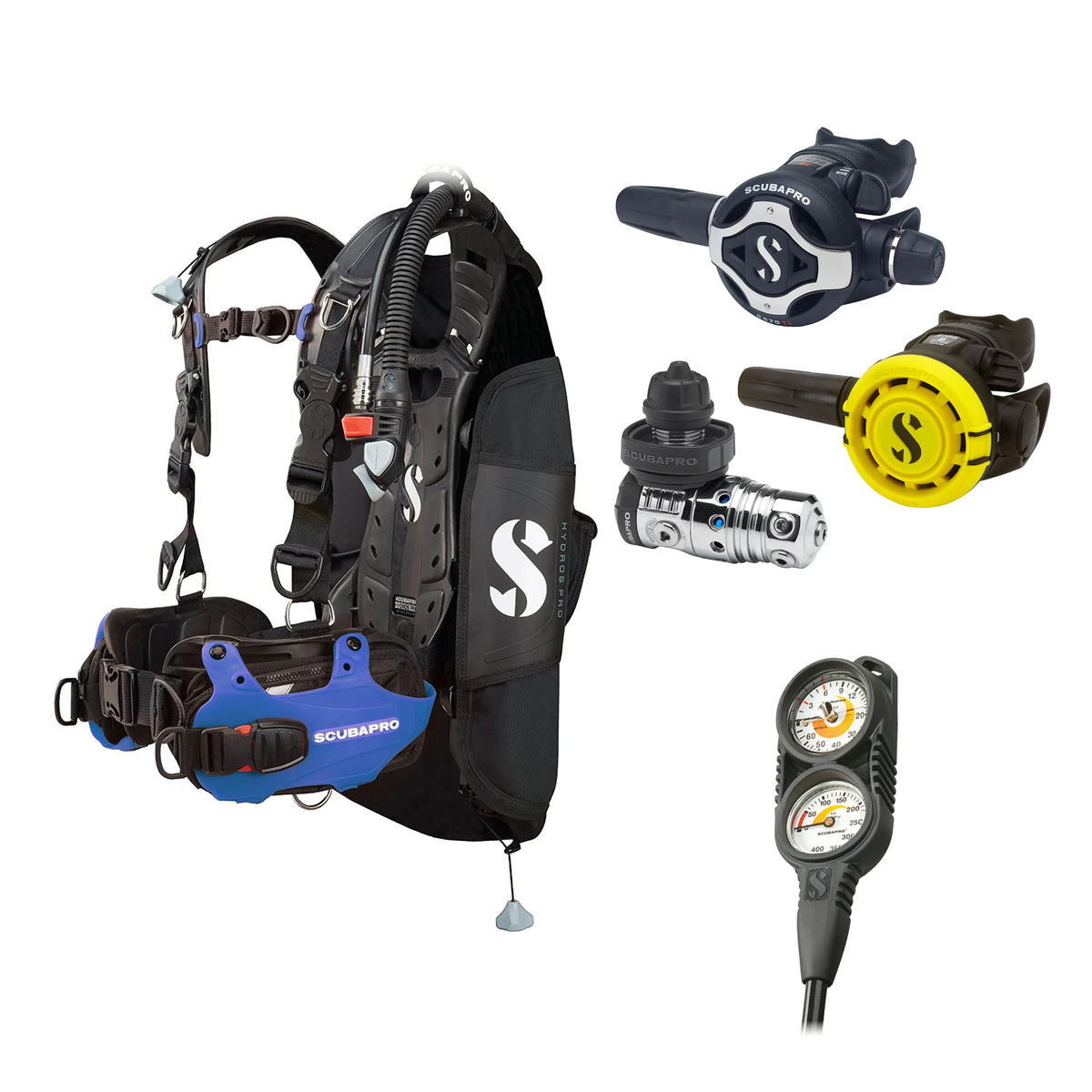 SCUBAPRO MK25 EVO / S620Ti regulator set with R105 octopus and Hydros Pro Mens BCD in blue, with Compact Combo 2