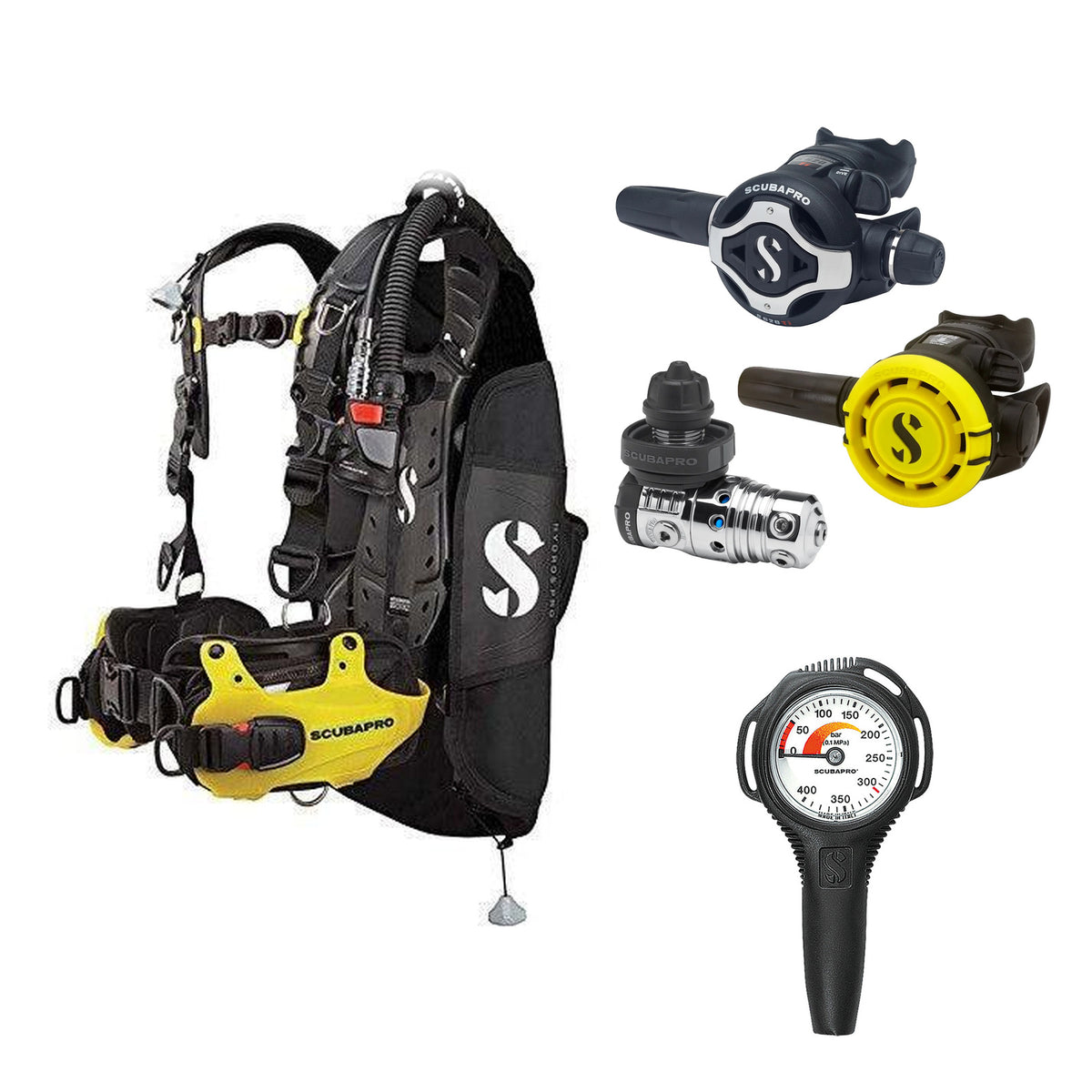 SCUBAPRO MK25 EVO / S620Ti regulator set with R105 octopus and Hydros Pro Mens BCD in yellow, with Compact SPG