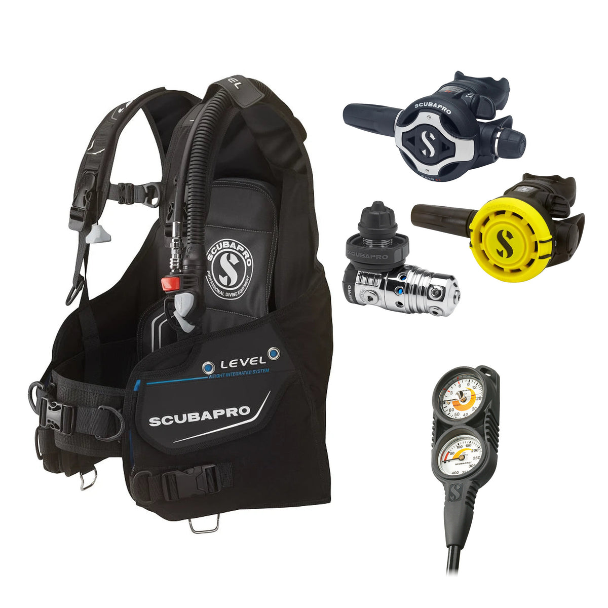 SCUBAPRO MK25 EVO / S620Ti regulator set with R105 octopus and Level BCD, with Compact Combo 2