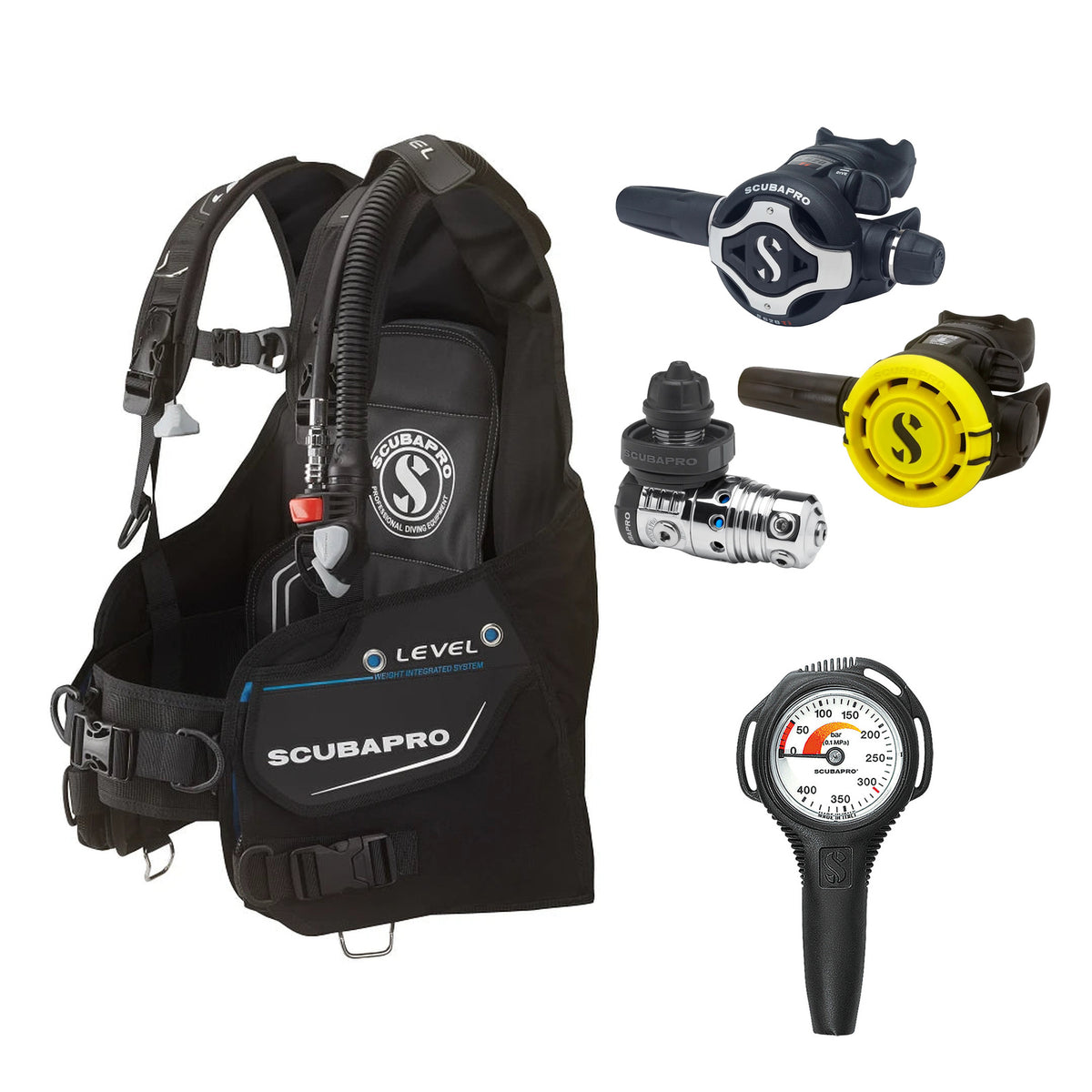 SCUBAPRO MK25 EVO / S620Ti regulator set with R105 octopus and Level BCD, with Compact SPG