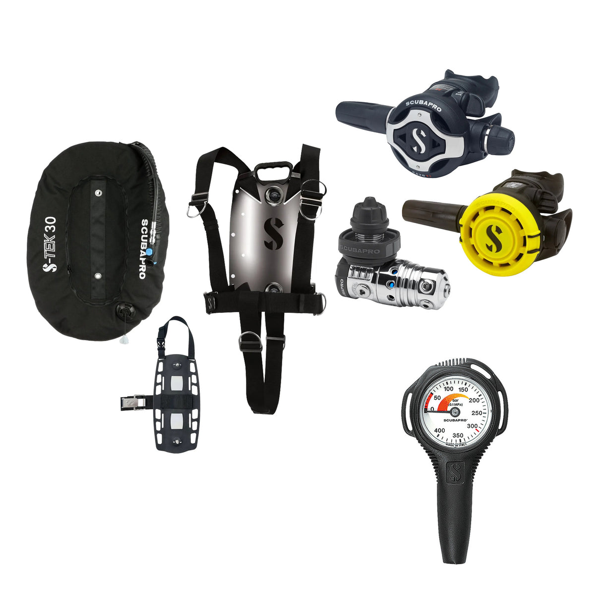 SCUBAPRO MK25 EVO / S620Ti regulator set with R105 octopus and S-TEK Pure BCD (stainless steel)