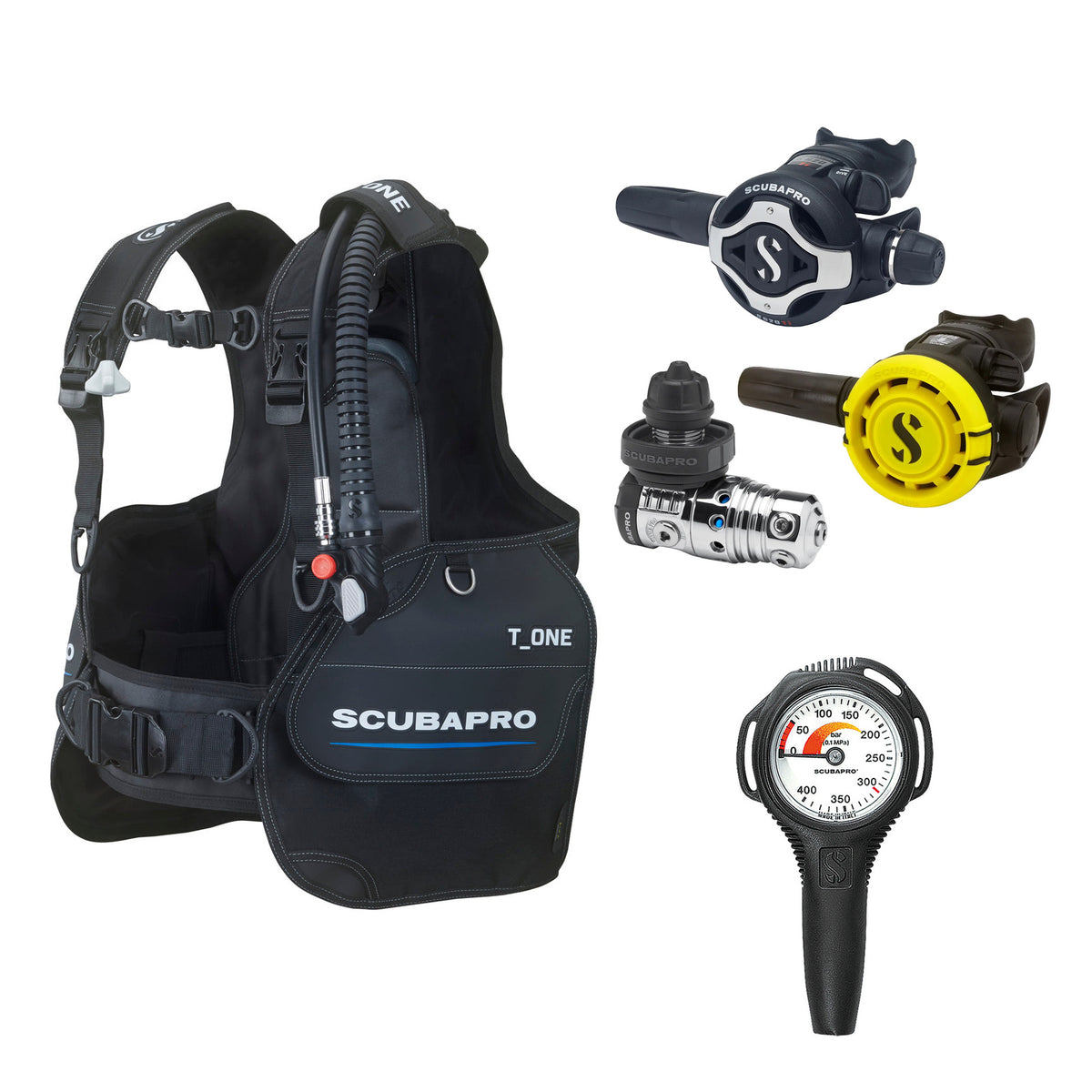 SCUBAPRO MK25 EVO / S620Ti regulator set with R105 octopus and T-One BCD, with Compact SPG