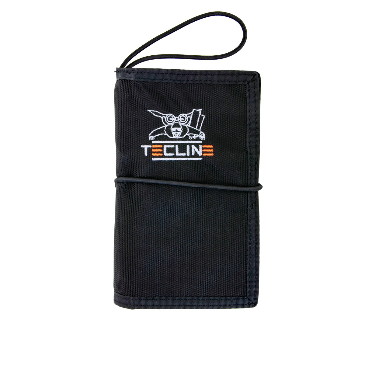 Tecline wet notes closed, black Cordura cover with Tecline logo and bungee closure