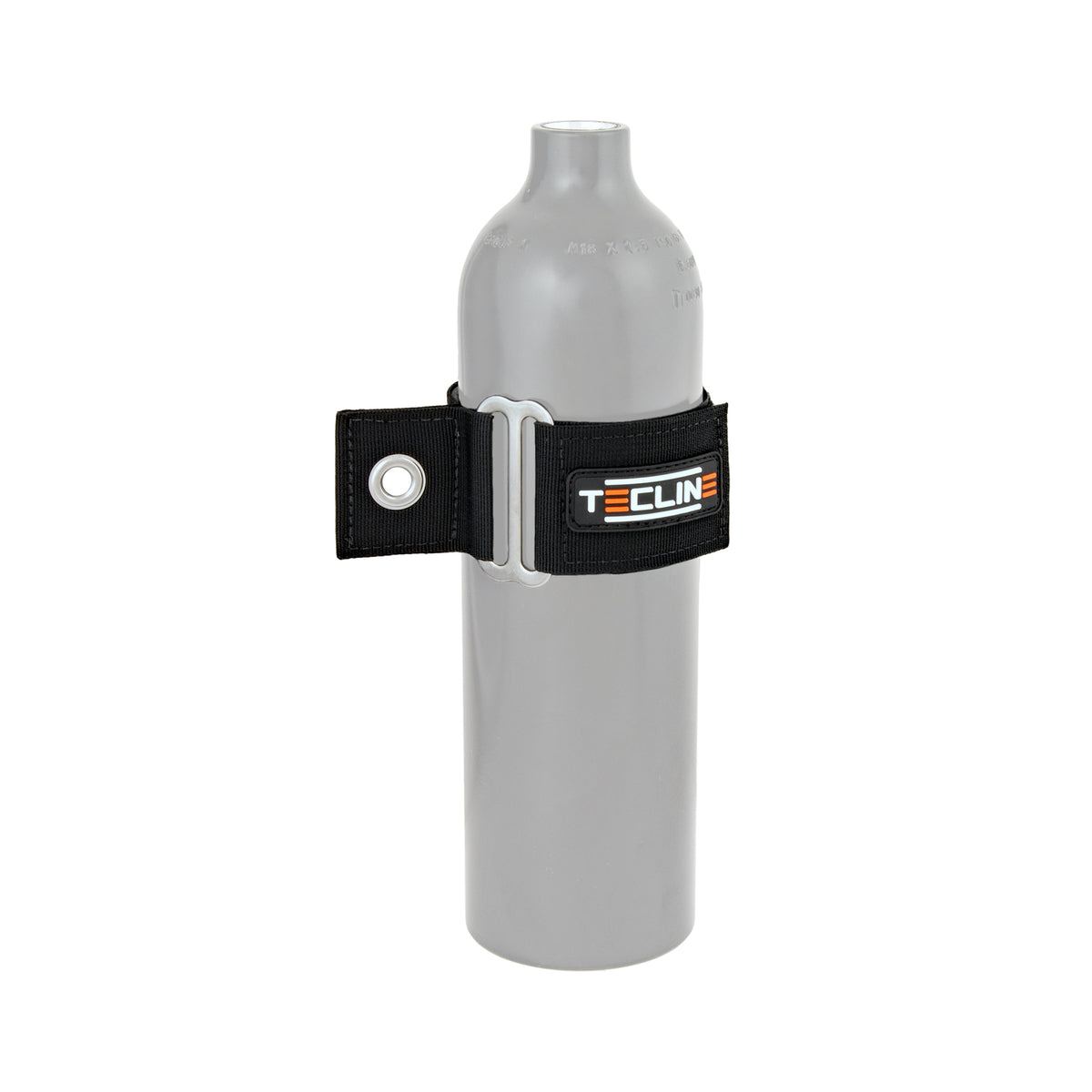 Tecline mounting strap with tensioner fitted to a small aluminium cylinder