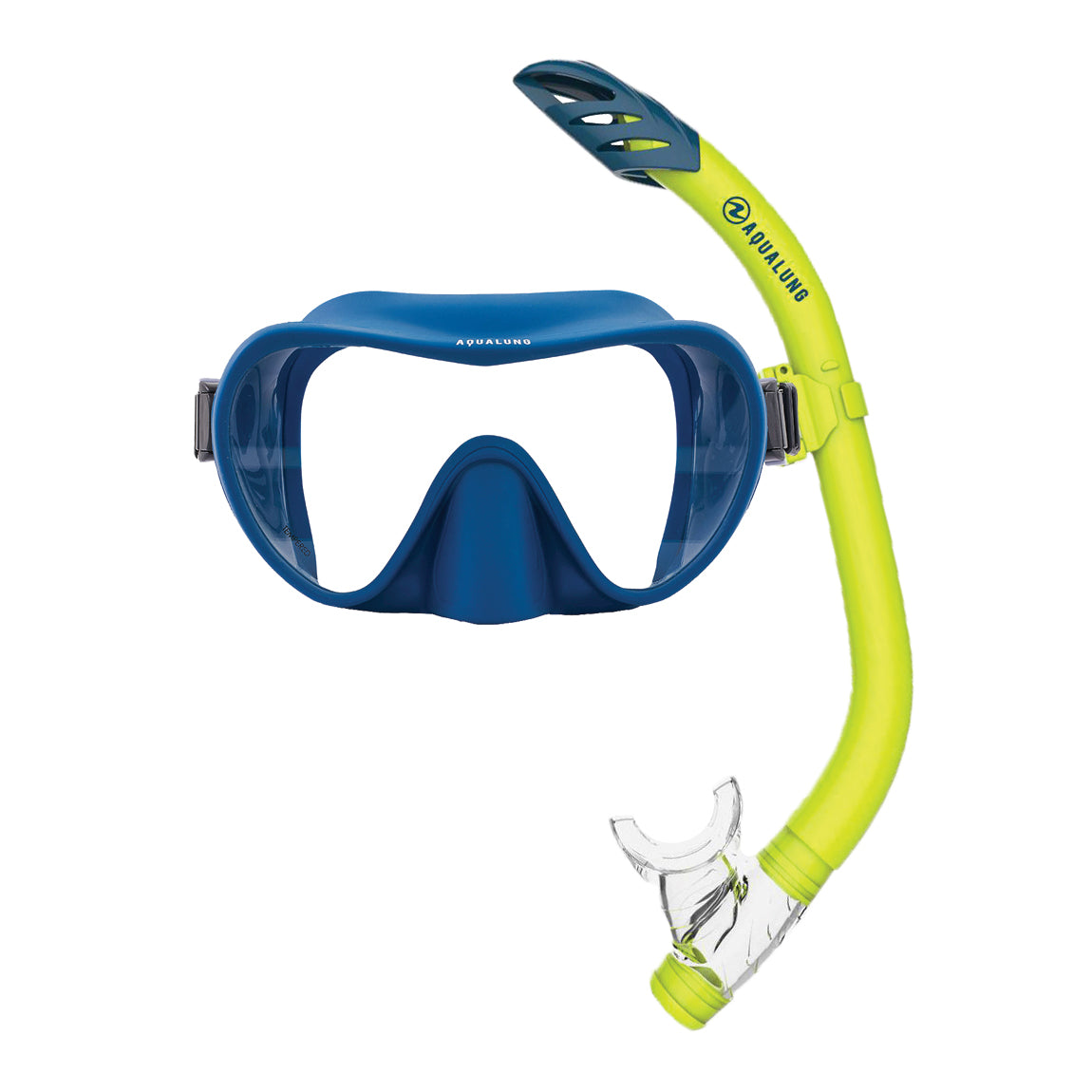 Aqua Lung Nabul frameless snorkelling mask in blue beside the petrol and lime Pike snorkel
