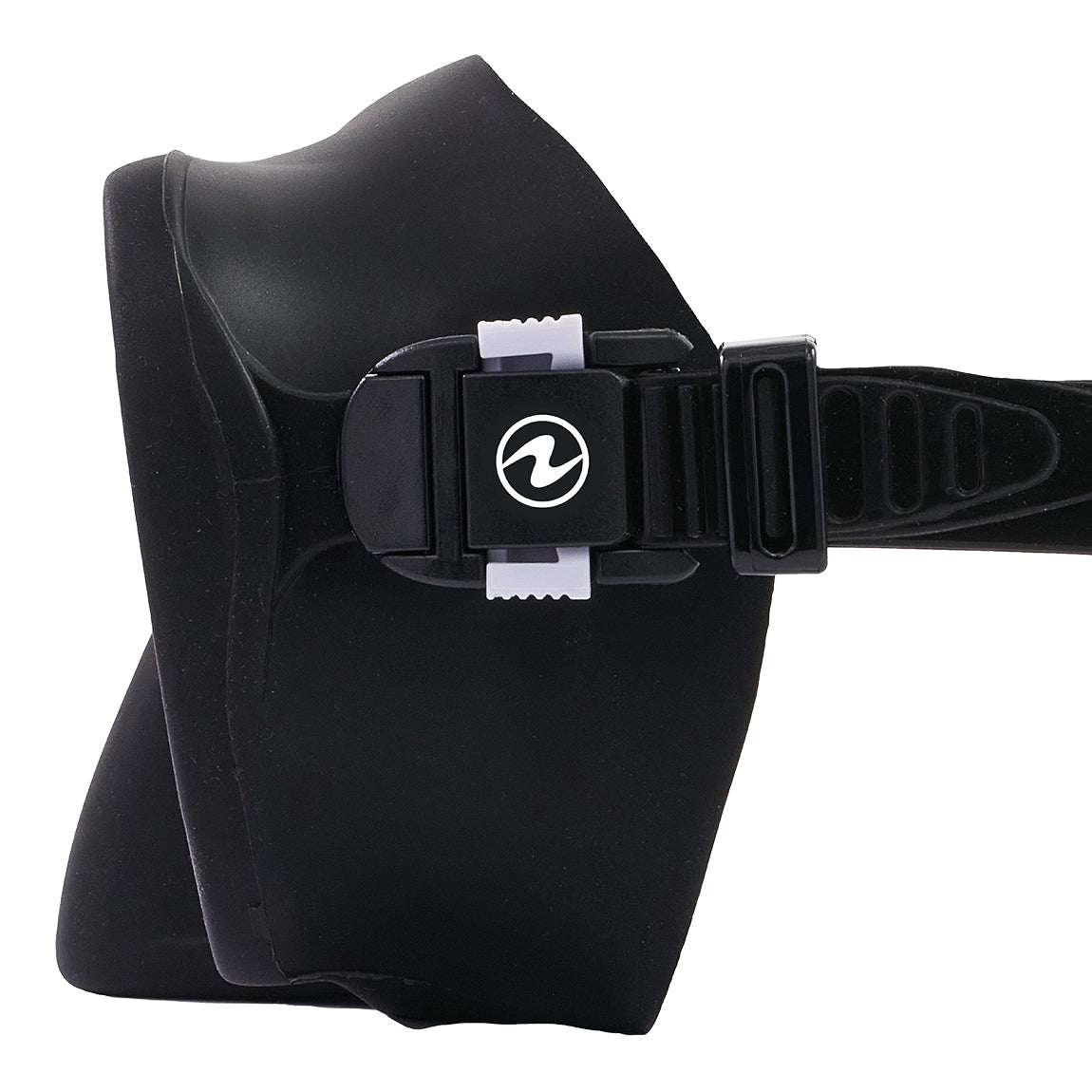 Aqua Lung Nabul snorkelling mask in black, side view showing how close the lens sits to the face