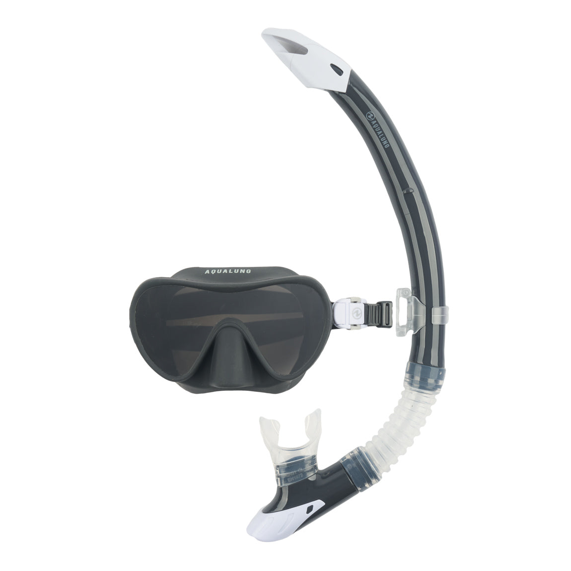 Aqua Lung Nabul snorkelling combo in grey, the dark-lensed frameless mask shown with its matching snorkel