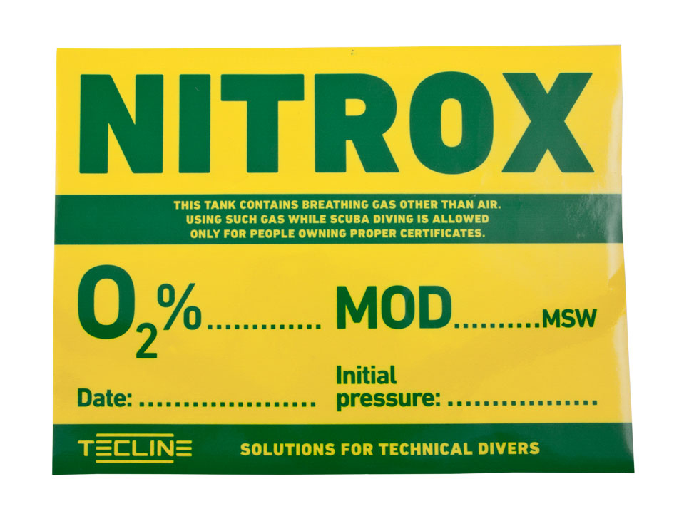 Tecline English-language nitrox cylinder sticker in yellow and green with O2, MOD, date and pressure fields