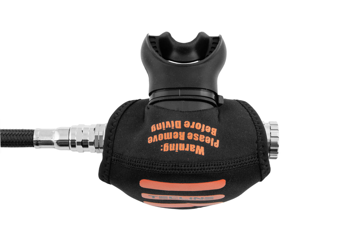 Tecline black neoprene cover fitted over a second stage, orange stripes