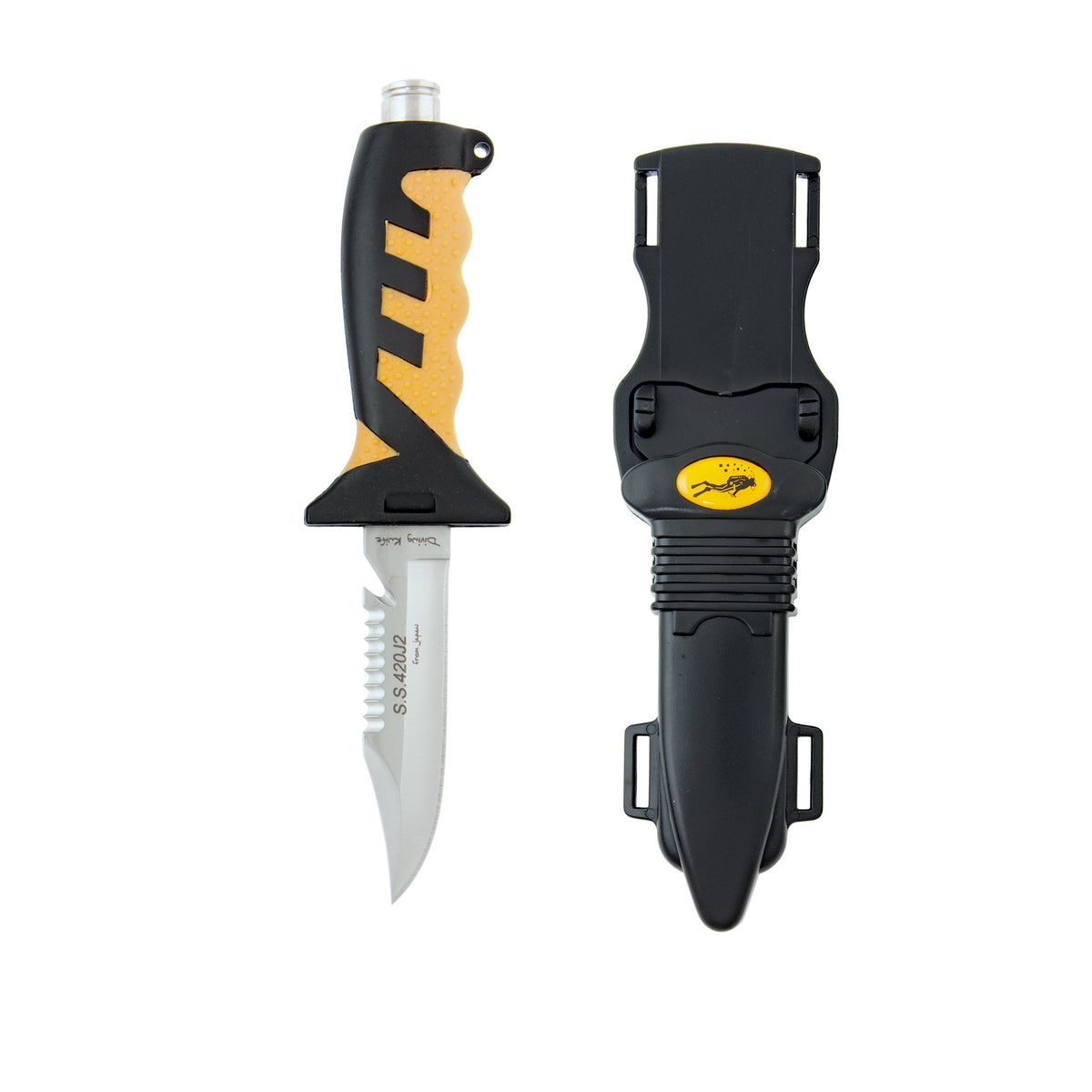 Scubatech Dragon dive knife with yellow and black handle beside its sheath
