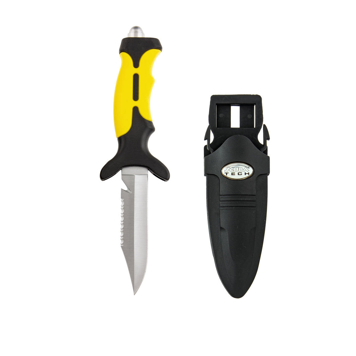 Scubatech Eagle dive knife with yellow and black handle beside its sheath