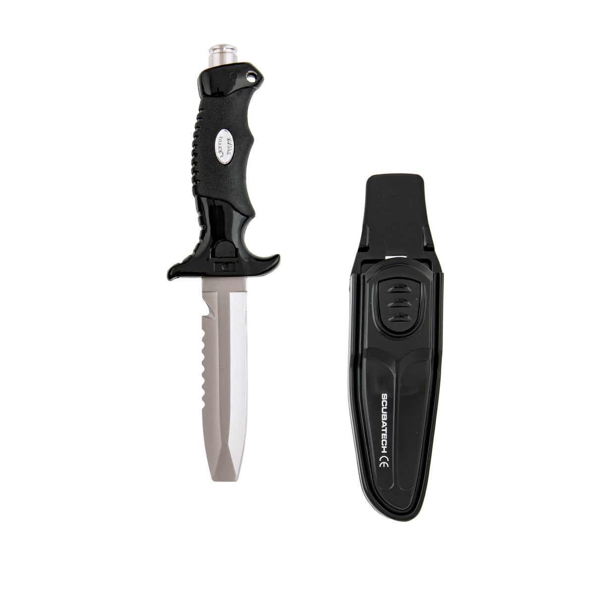 Scubatech Finn II dive knife with blunt tip beside its black sheath