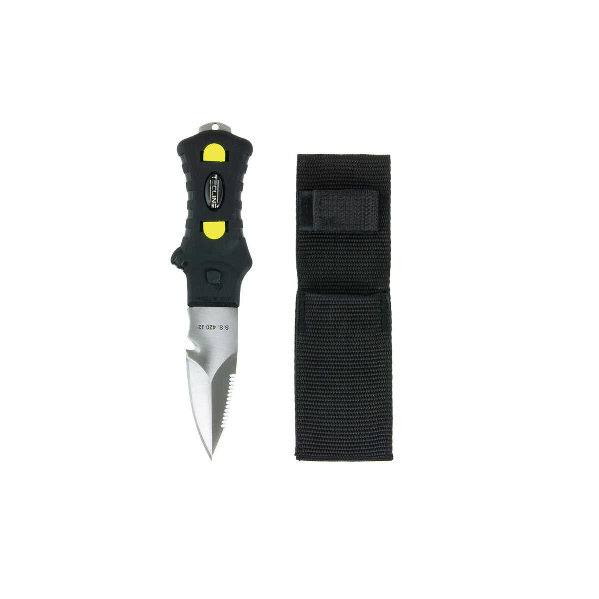 Minirazor Alfa compact dive knife, black, beside its plastic holster