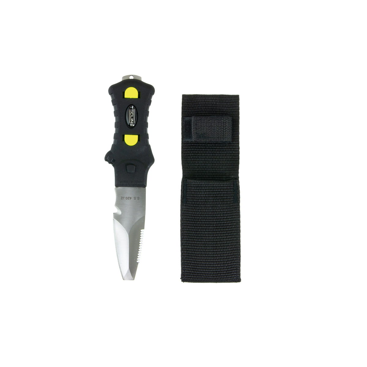 Tecline Minirazor Beta knife in black beside its nylon harness pouch