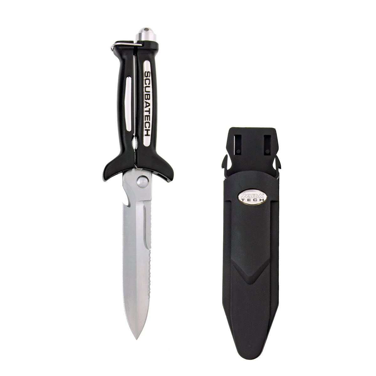 Scubatech knife scissors, standard size, closed beside its sheath