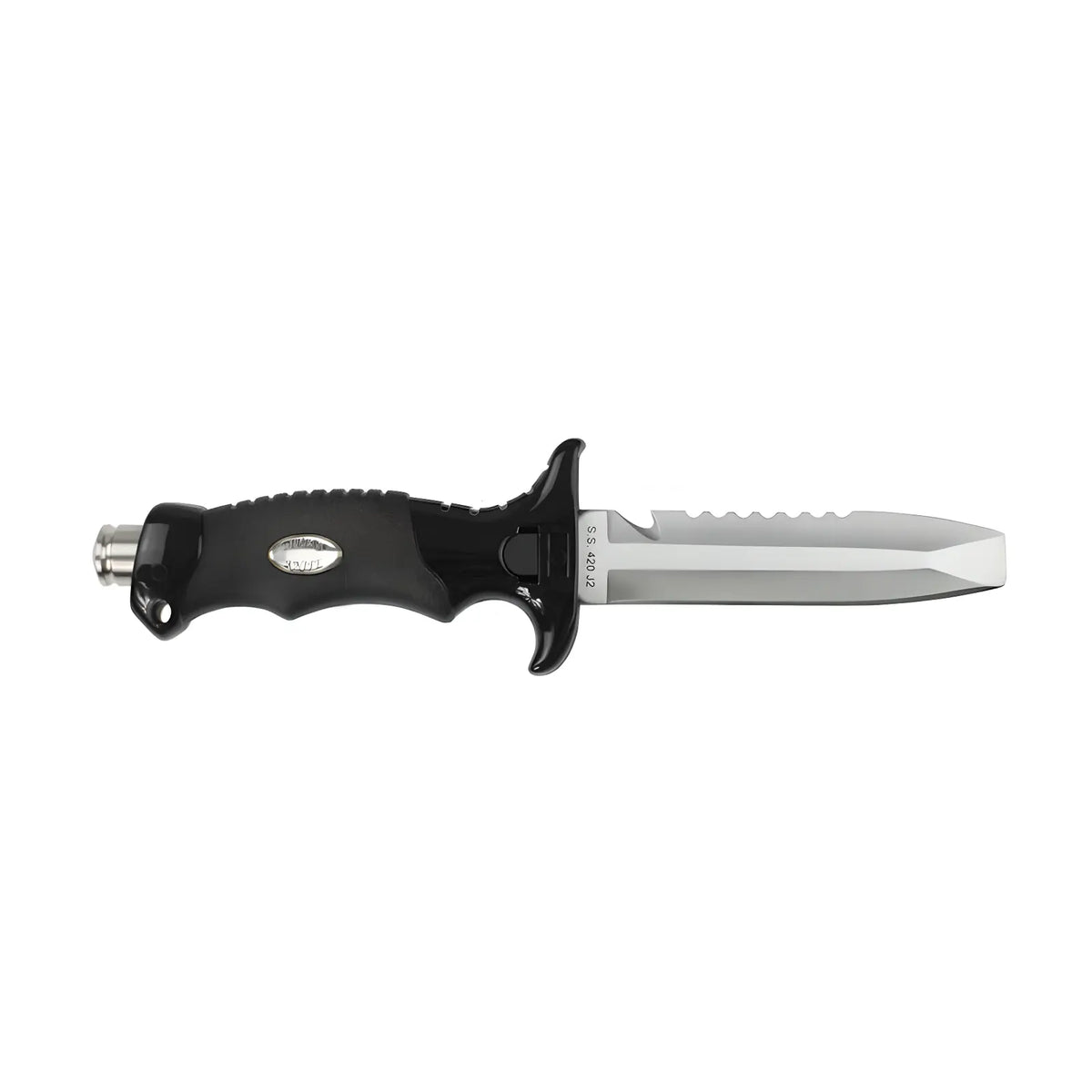 Scubatech Finn II dive knife with blunt tip beside its black sheath