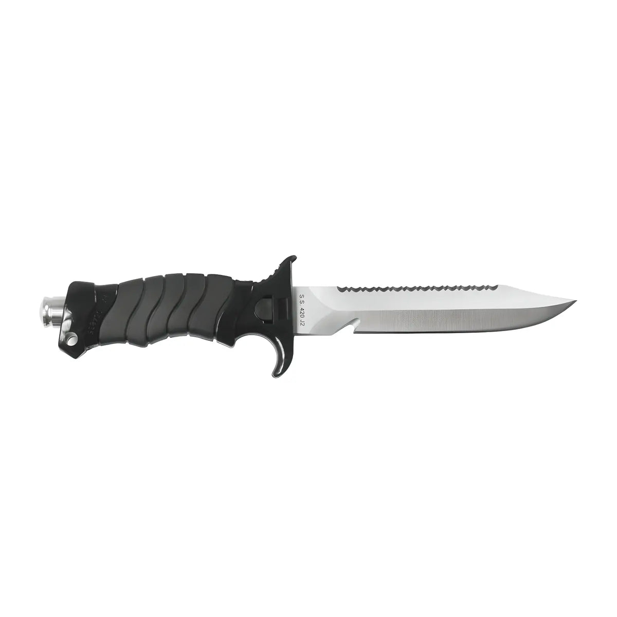 Scubatech Mastercut II dive knife, black, beside its sheath