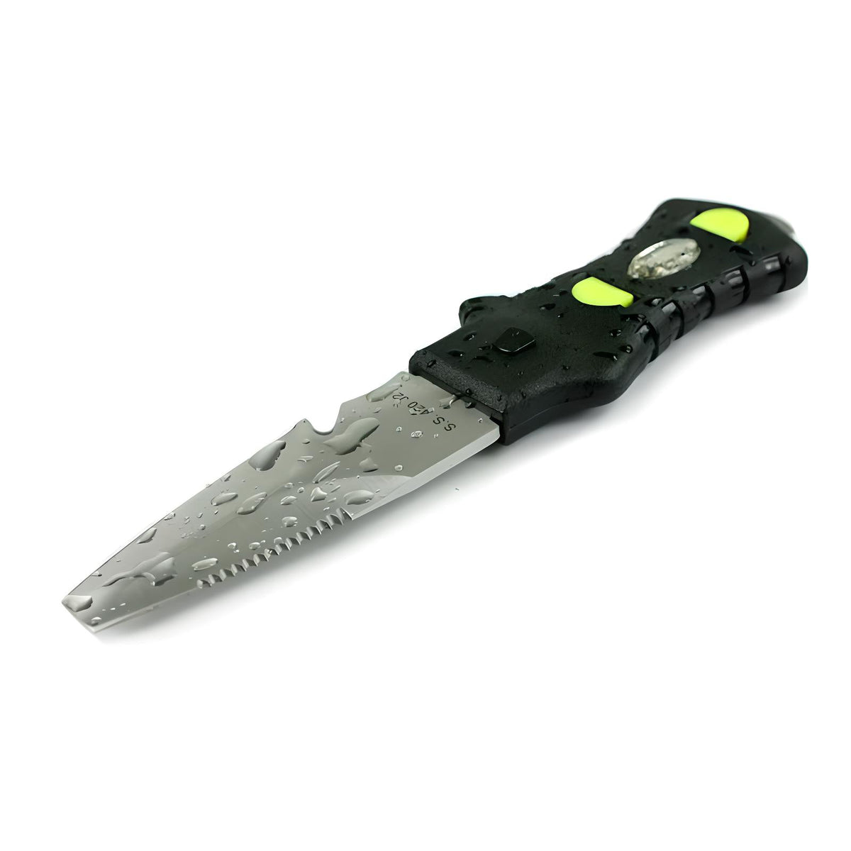 Minirazor Beta compact dive knife, black, beside its plastic holster