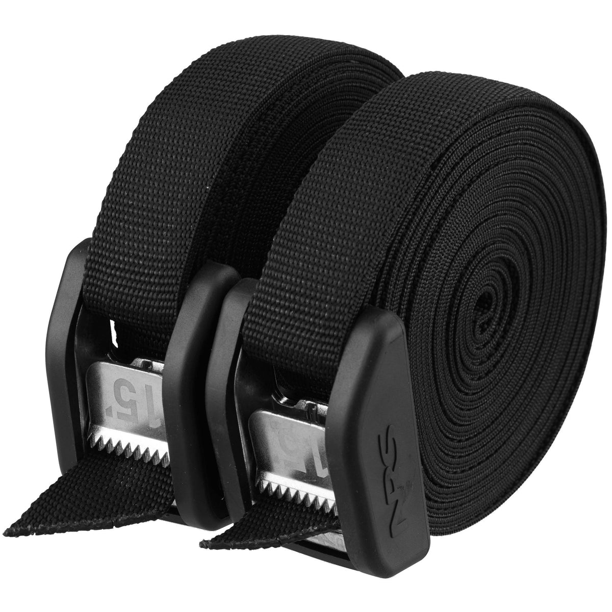 Pair of black NRS Buckle Bumper Straps, 2.7 m, with rubber-guarded cam buckles