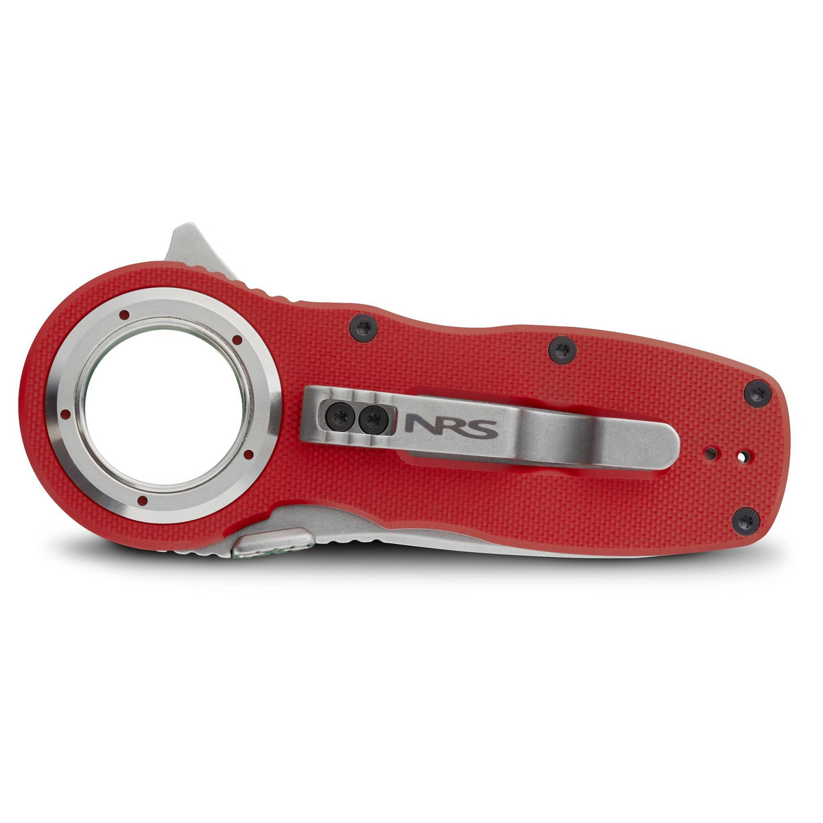 NRS Pilot Access Folding Knife open, red G10 handle and blunt-tip part-serrated blade