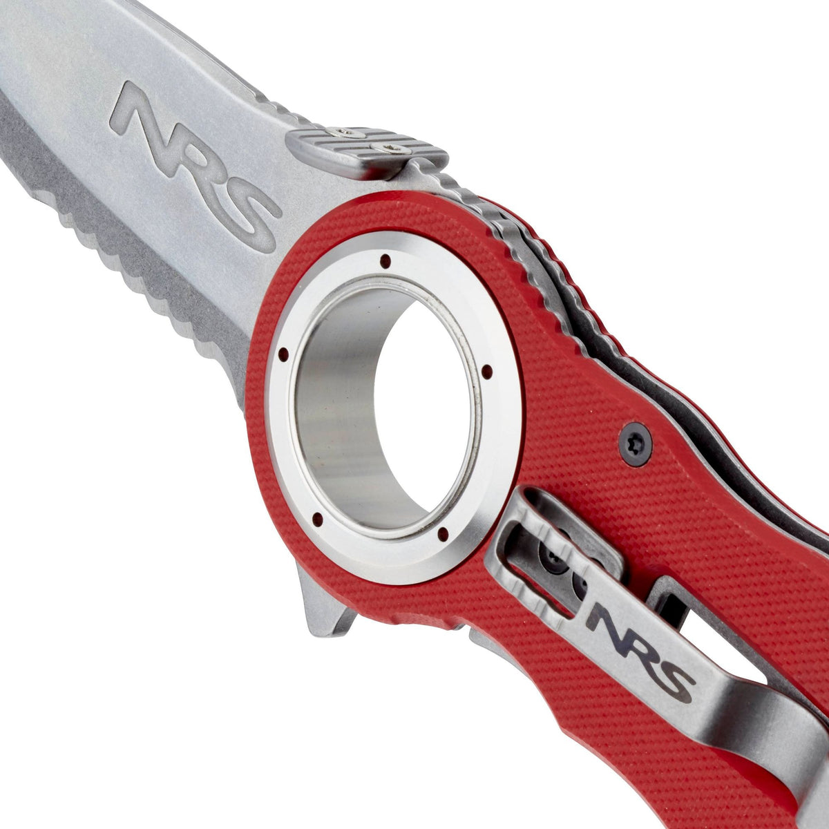 NRS Pilot Access Folding Knife open, red G10 handle and blunt-tip part-serrated blade