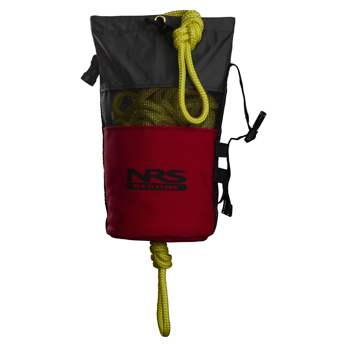 Red NRS Standard Rescue Throw Bag with yellow floating rope and black mesh top