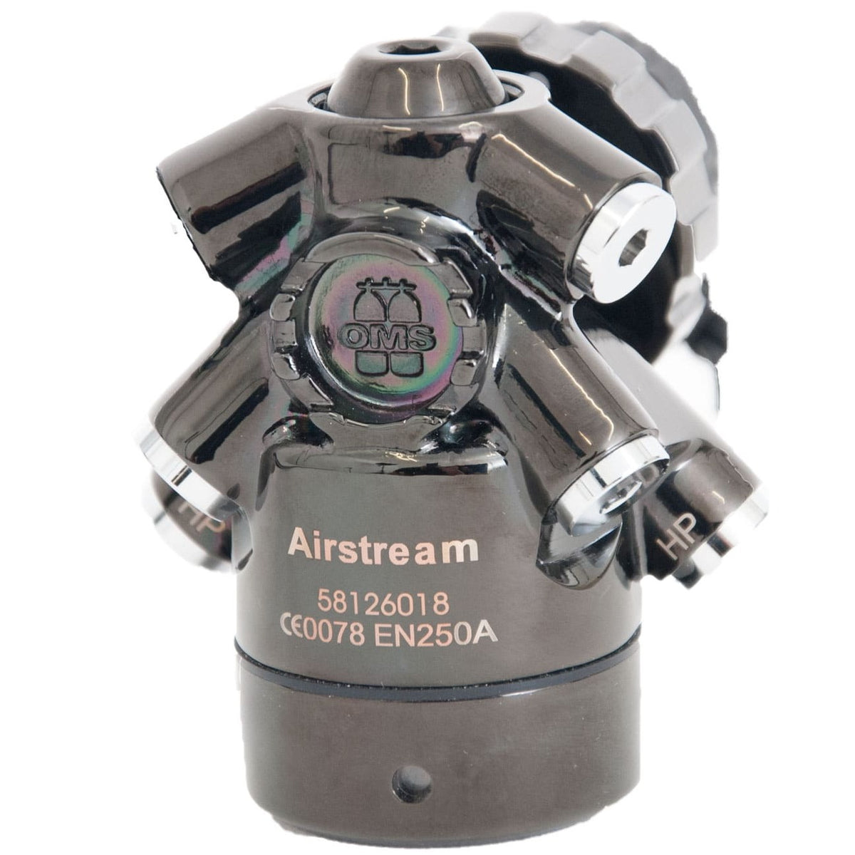 OMS Airstream Evoque DIN regulator set with yellow Evoque octopus on a yellow hose