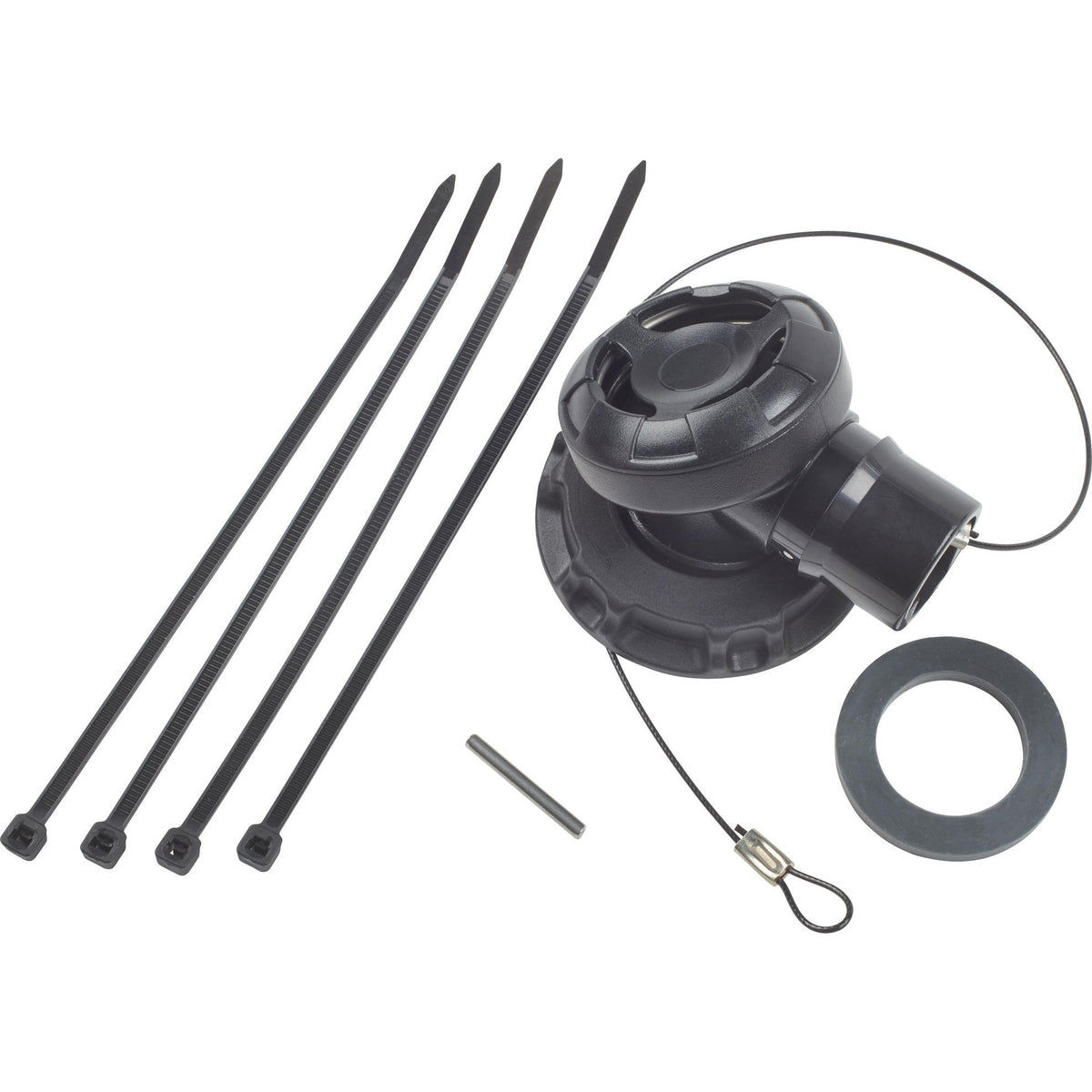 OMS Elbow Assembly with OPV laid out with its pull-dump cable and gasket