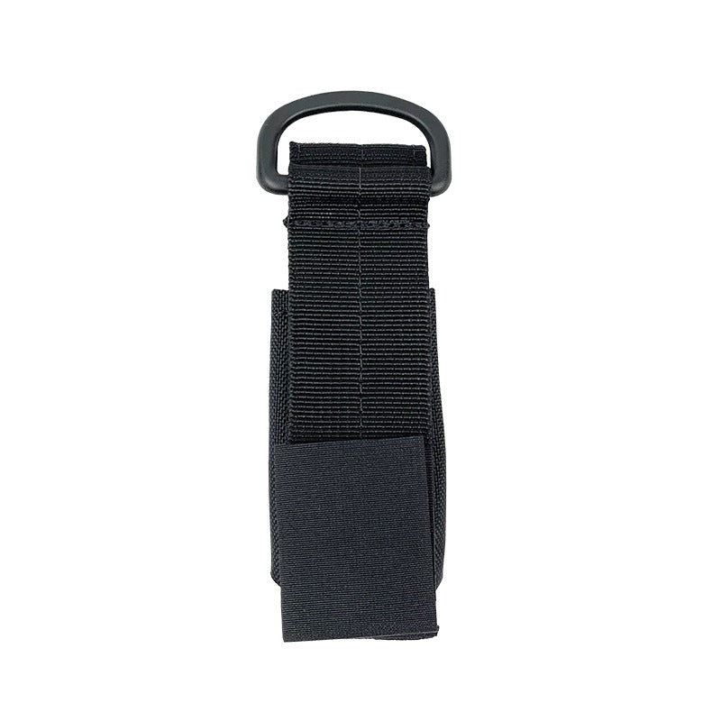 OMS Flash Light Pouch in black nylon with yellow OMS lettering and top D-ring