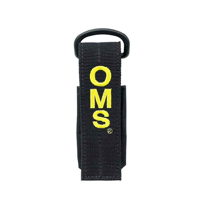 OMS Flash Light Pouch in black nylon with yellow OMS lettering and top D-ring