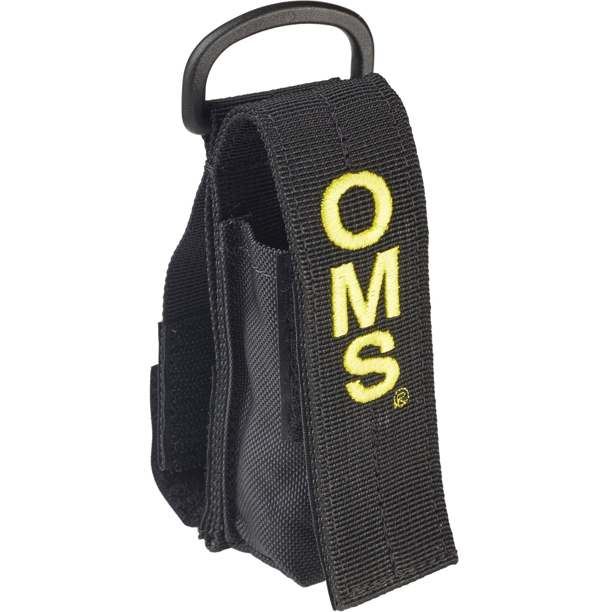 OMS Flash Light Pouch in black nylon with yellow OMS lettering and top D-ring