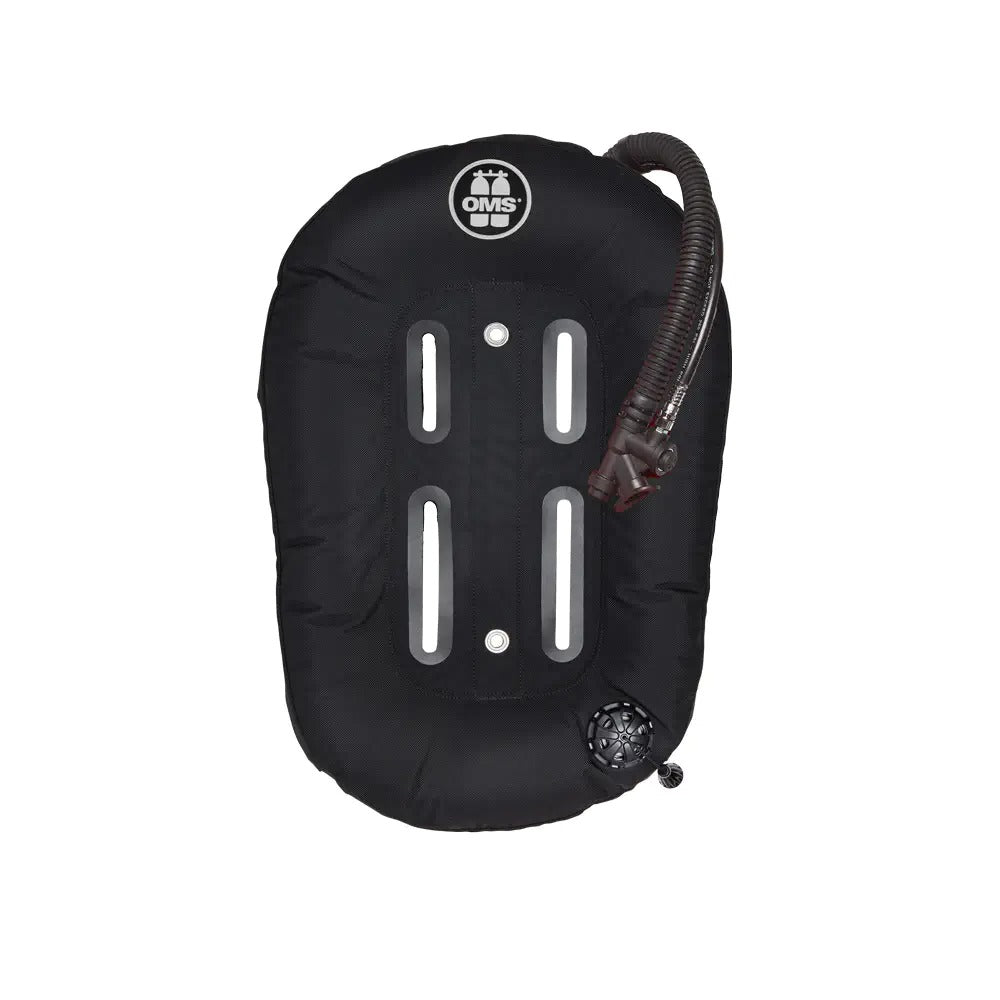 OMS Performance Mono Wing 27 lb in black, cylinder side with the corrugated hose and power inflator