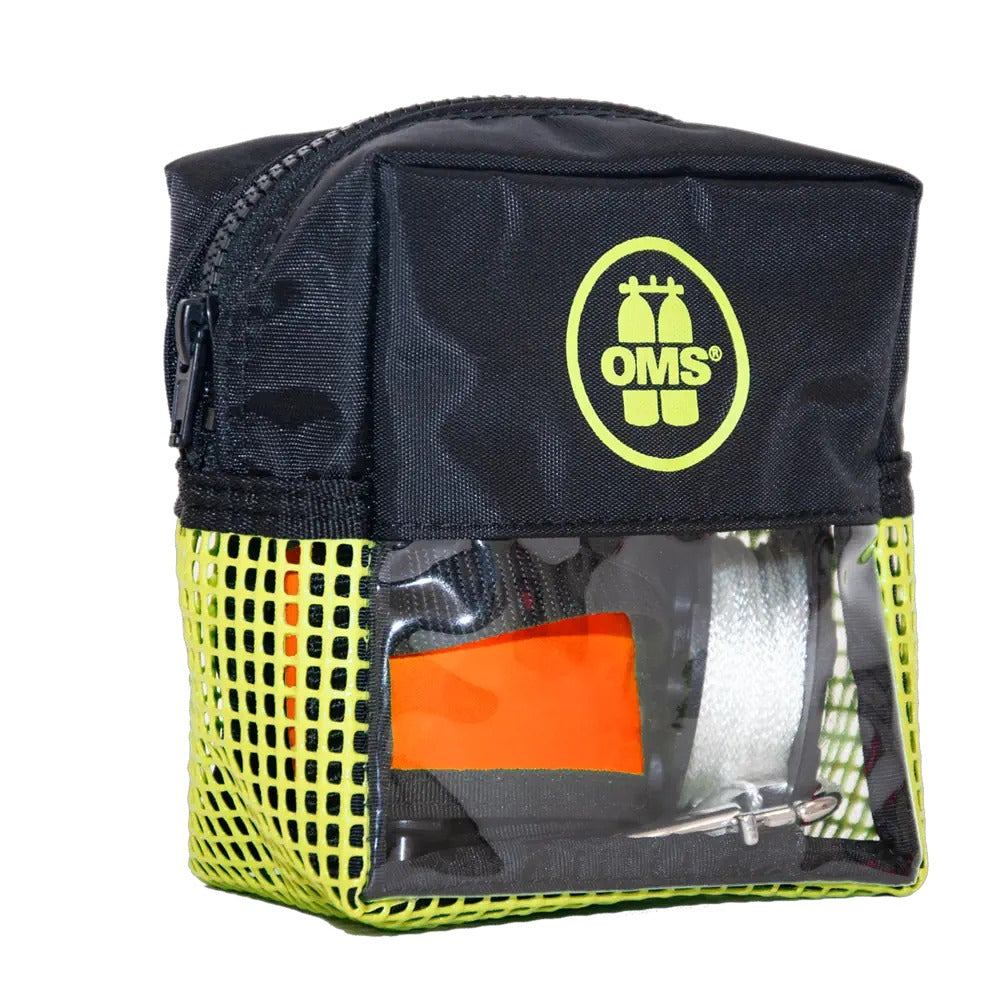 OMS Safety Set 3.3 laid out: safety pocket, rolled 1 m hybrid SMB and finger spool, shown in pink