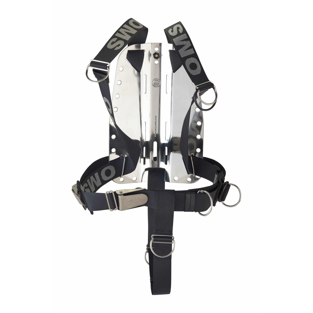 OMS stainless steel backplate with SmartStream harness and crotch strap, front view